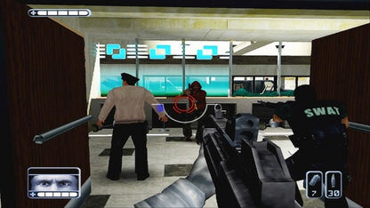 SWAT: Global Strike Team PS2 tactical shooter video game featuring squad-based law enforcement action, real-world weapons, mission-based objectives, hostage rescue scenarios, strategic team commands, cooperative play options, and realistic police-tactical gameplay on PlayStation 2. gameplay