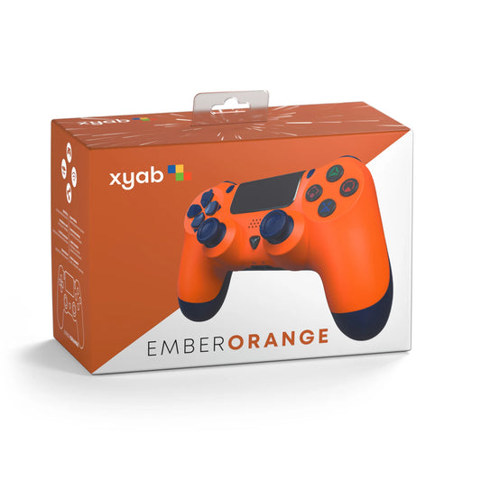 XYAB brand wireless DualShock 4 controller for PlayStation 4 in Ember Orange featuring touchpad, light bar, analog sticks, action buttons, and ergonomic design