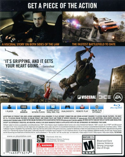 Battlefield Hardline back of case for PlayStation 4 (PS4) first-person cops vs criminals action shooter video game