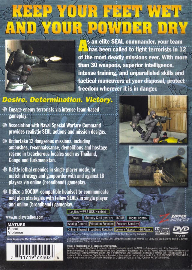 SOCOM: U.S. Navy Seals [Greatest Hits] for PlayStation 2 (PS2) featuring elite tactical squad-based warfare where you lead a four-man team through high-stakes global missions; use stealth, teamwork, and precise strategy to neutralize terrorists in this definitive military shooter that pioneered online play for the PS2 platform back cover