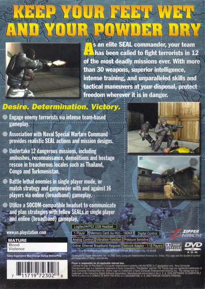 SOCOM: U.S. Navy Seals [Greatest Hits] for PlayStation 2 (PS2) featuring elite tactical squad-based warfare where you lead a four-man team through high-stakes global missions; use stealth, teamwork, and precise strategy to neutralize terrorists in this definitive military shooter that pioneered online play for the PS2 platform back cover
