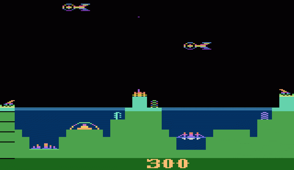 Atlantis retro Atari 2600 video game featuring arcade defense gameplay, futuristic city battles, alien attacks and classic Atari action - gameplay