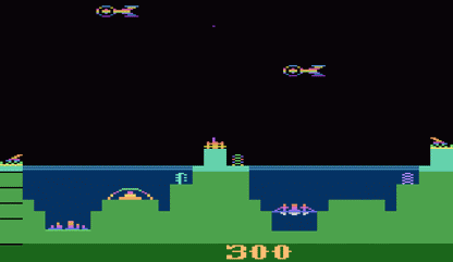 Atlantis retro Atari 2600 video game featuring arcade defense gameplay, futuristic city battles, alien attacks and classic Atari action - gameplay