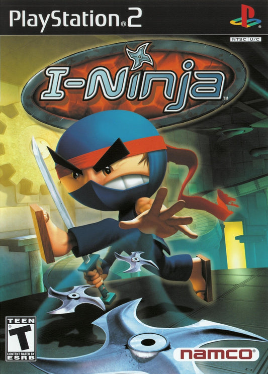 iNinja PS2 Sony PlayStation 2 action platformer game quirky ninja comedy adventure sword combat acrobatics puzzle solving fast paced levels Ninjitsu abilities Argonaut Games retro gaming PlayStation 2 software video game title cover art