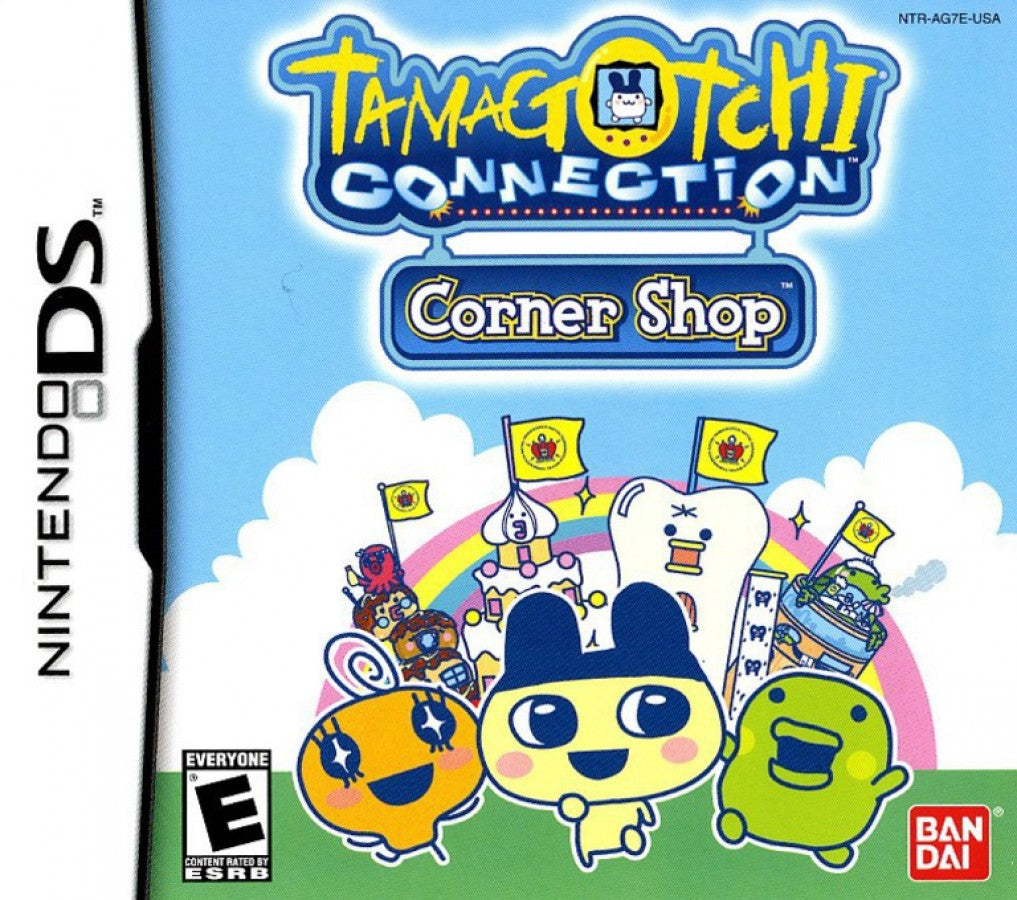 Tamagotchi Connection Corner Shop Nintendo DS for retro video game enthusiasts featuring simulation gameplay charming shop management mini games touchscreen interactions colorful Tamagotchi characters family friendly activities and collectible gaming appeal front cover 