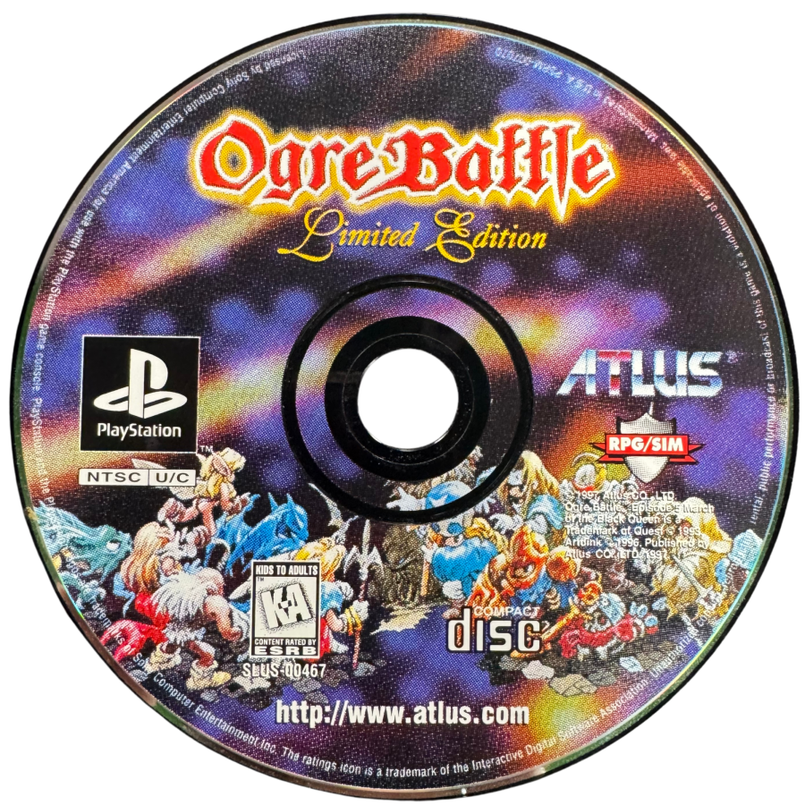 Ogre Battle PlayStation 1 PS1 strategy role playing video game featuring tactical battles real-time unit movement fantasy warfare character recruitment army management magical attacks kingdom liberation and classic PlayStation 1 PS1 gameplay collectible retro gaming appeal disc