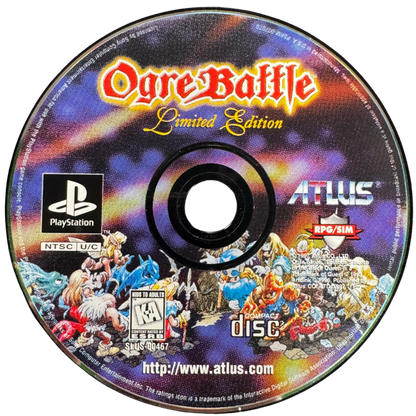Ogre Battle PlayStation 1 PS1 strategy role playing video game featuring tactical battles real-time unit movement fantasy warfare character recruitment army management magical attacks kingdom liberation and classic PlayStation 1 PS1 gameplay collectible retro gaming appeal disc