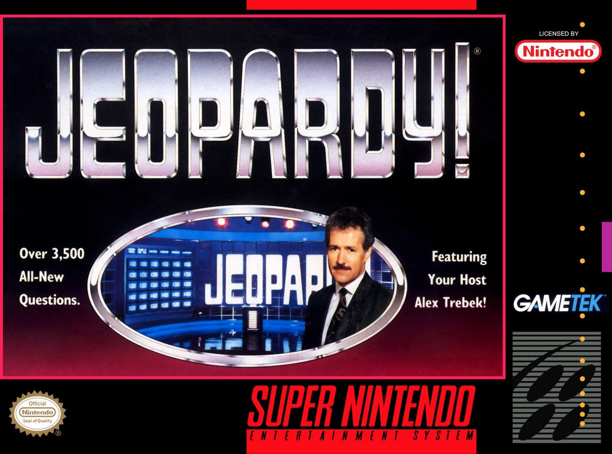 Jeopardy Super Nintendo Entertainment System SNES video game featuring trivia game show gameplay question and answer challenges category selection clue solving competitive multiplayer scoring and classic 16 bit Nintendo gameplay retro video game collection collectible gaming appeal front cover art
