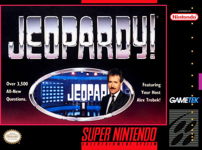 Jeopardy Super Nintendo Entertainment System SNES video game featuring trivia game show gameplay question and answer challenges category selection clue solving competitive multiplayer scoring and classic 16 bit Nintendo gameplay retro video game collection collectible gaming appeal front cover art
