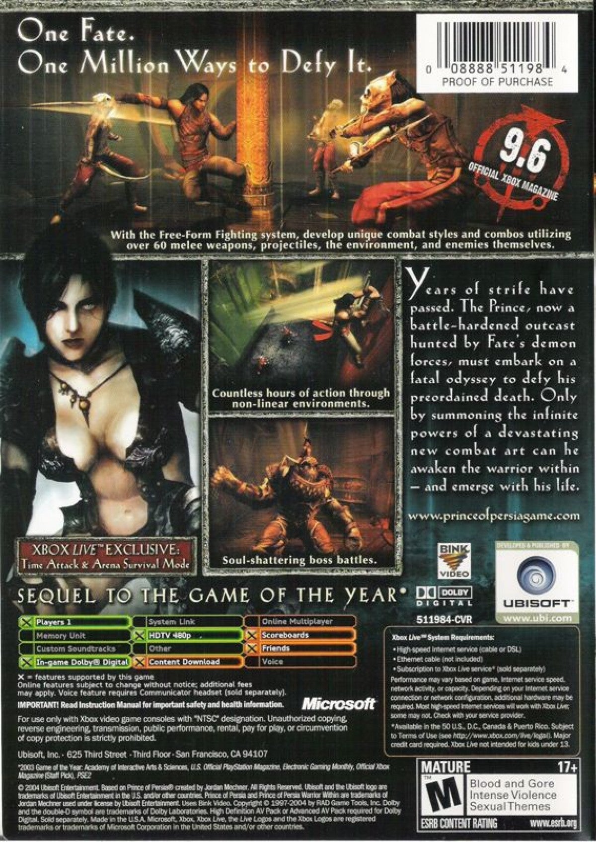 Prince of Persia: Warrior Within Xbox action-adventure video game back cover art