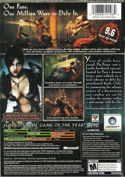 Prince of Persia: Warrior Within Xbox action-adventure video game back cover art