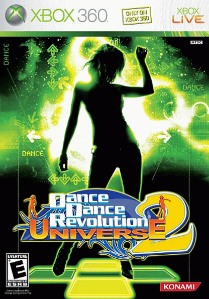 Dance Dance Revolution Universe 2 Xbox 360 cover art for retro video game enthusiasts featuring rhythm based dance gameplay timed step mechanics music track variety arcade style input system energetic visual presentation and party focused competitive rhythm game experience and collectible gaming appeal cover art