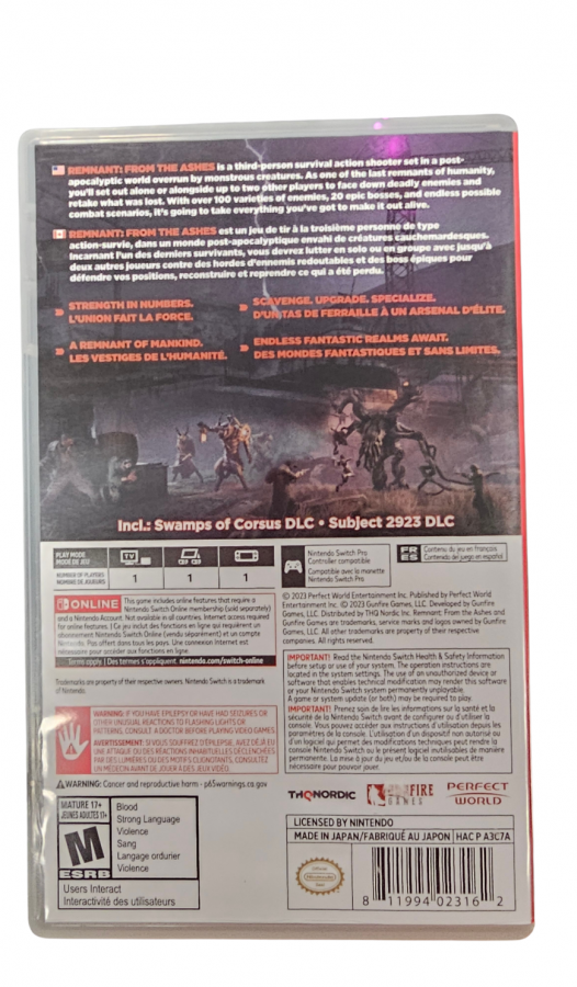 Remnant From the Ashes Nintendo Switch NS for third person action role playing video game fans featuring intense gunplay challenging enemies procedurally generated worlds boss battles character customization weapon upgrades cooperative multiplayer and dark post apocalyptic fantasy exploration collectible gaming appeal back
