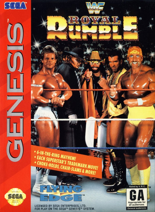 WWF Royal Rumble retro Sega Genesis video game featuring wrestling combat gameplay, WWE superstar battles, multiplayer match action and classic Genesis entertainment - cover art