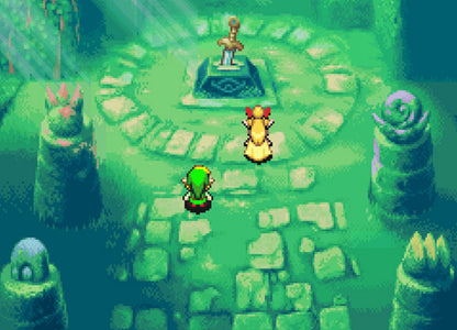 The Legend of Zelda The Minish Cap Game Boy Advance gameplay for retro video game featuring action adventure gameplay, top down exploration, magical shrinking mechanic, puzzle solving dungeons, fantasy world Hyrule quests, and classic portable Zelda adventure on GBA system