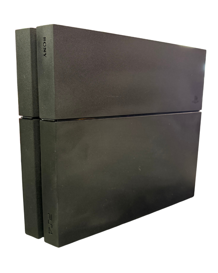Front vertical view of a matte black Sony PS4 console standing upright, showing the disc slot, power and eject buttons, and logo.