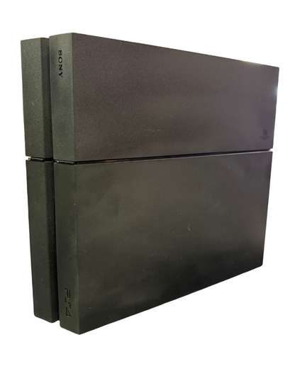 Front vertical view of a matte black Sony PS4 console standing upright, showing the disc slot, power and eject buttons, and logo.