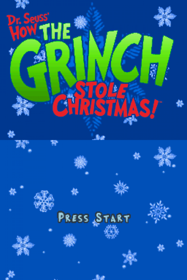 Dr. Seuss: How the Grinch Stole Christmas start screen for Nintendo DS (DS) holiday adventure video game
