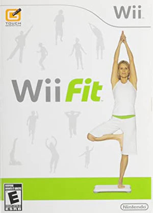 Wii Fit cover art for Nintendo Wii (Wii) featuring fitness activities with the Wii Balance Board, including yoga, strength training, aerobics, and balance games.
