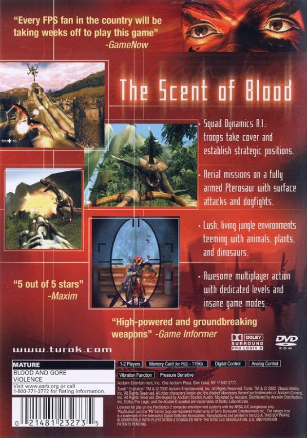 Turok: Evolution – PlayStation 2 (PS2) video game back of case, first-person shooter.