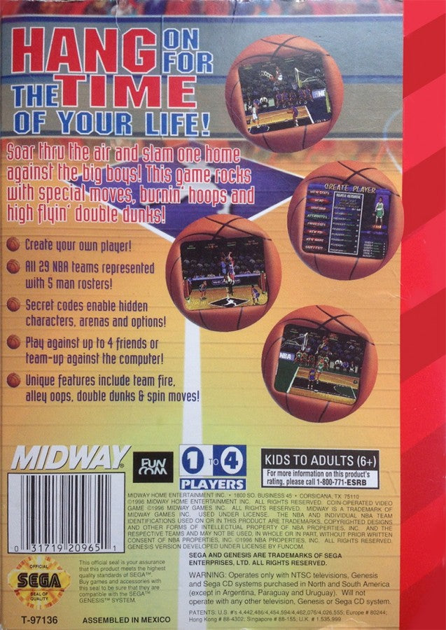 NBA Hang Time back cover art for Sega Genesis (GEN) video game