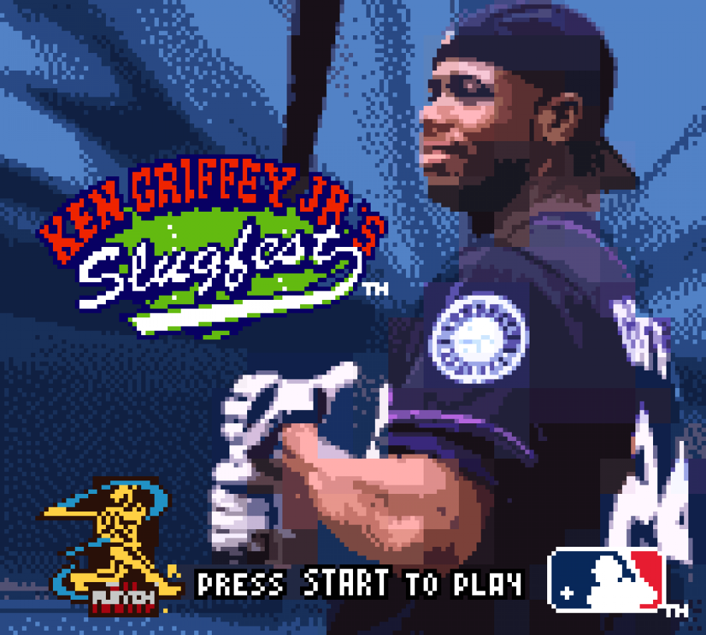 Ken Griffey Jr.'s Slugfest Game Boy Color GBC for baseball sports video game fans featuring Major League Baseball action Ken Griffey Jr gameplay batting pitching fielding base running home runs and fast paced portable baseball gameplay collectible gaming appeal gameplay