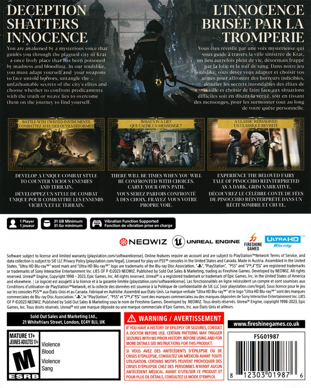 Lies of P PlayStation 5 PS5 for action role playing video game fans featuring challenging soulslike combat dark fantasy exploration gothic environments mechanical enemies powerful weapons character upgrades difficult boss battles atmospheric storytelling and a twisted Pinocchio inspired adventure collectible gaming appeal back cover art