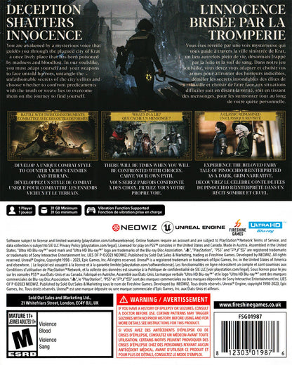 Lies of P PlayStation 5 PS5 for action role playing video game fans featuring challenging soulslike combat dark fantasy exploration gothic environments mechanical enemies powerful weapons character upgrades difficult boss battles atmospheric storytelling and a twisted Pinocchio inspired adventure collectible gaming appeal back cover art