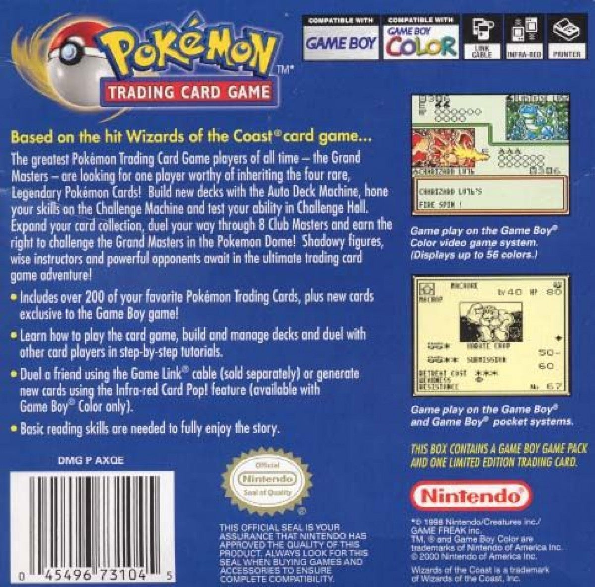 Pokemon Trading Card Game Game Boy Color GBC handheld strategy video game collectible card battling based on the physical card game back cover