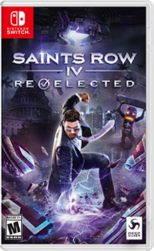 Saints Row IV ReElected Nintendo Switch inspired design featuring over the top open world action adventure aesthetic superhero style abilities chaotic sandbox gameplay alien invasion storyline comedic tone explosive combat and parody driven narrative presentation front cover