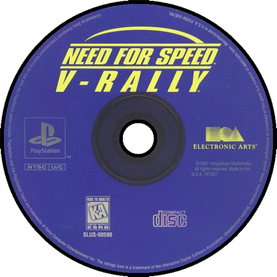 Need for Speed V-Rally for PlayStation 1 racing video game featuring rally style tracks licensed cars arcade handling time trials and classic Need for Speed off road racing experience disc
