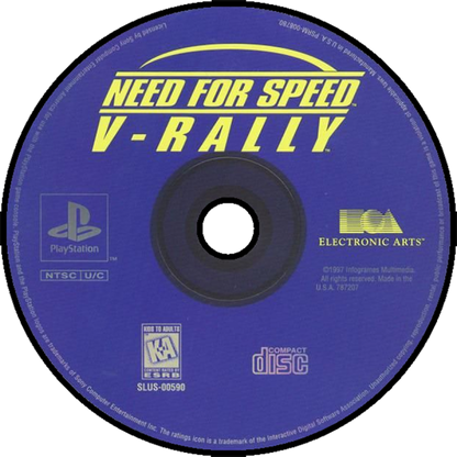 Need for Speed V-Rally for PlayStation 1 racing video game featuring rally style tracks licensed cars arcade handling time trials and classic Need for Speed off road racing experience disc