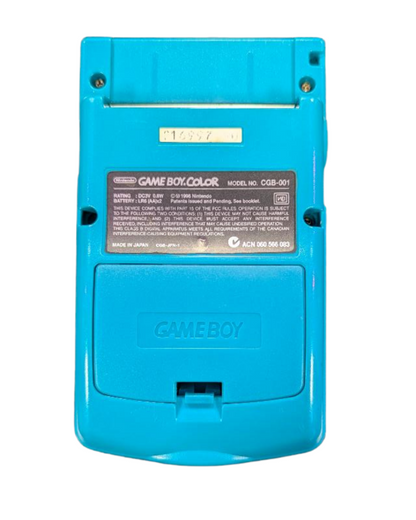 Game Boy Color teal handheld console featuring classic portable gaming and iconic Nintendo design back cover. Real photo of device