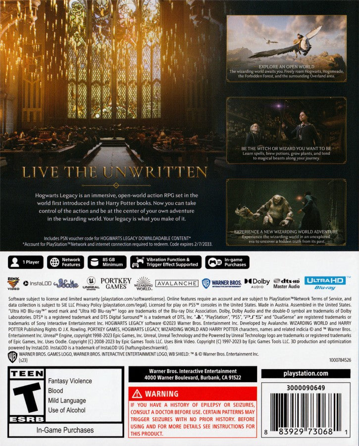 Hogwarts Legacy PlayStation 5 action RPG open-world magical adventure Hogwarts Castle spells wizardry broom flight magical creatures student experience back cover