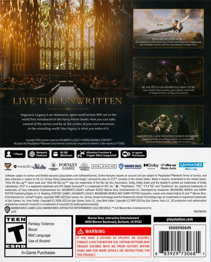 Hogwarts Legacy PlayStation 5 action RPG open-world magical adventure Hogwarts Castle spells wizardry broom flight magical creatures student experience back cover