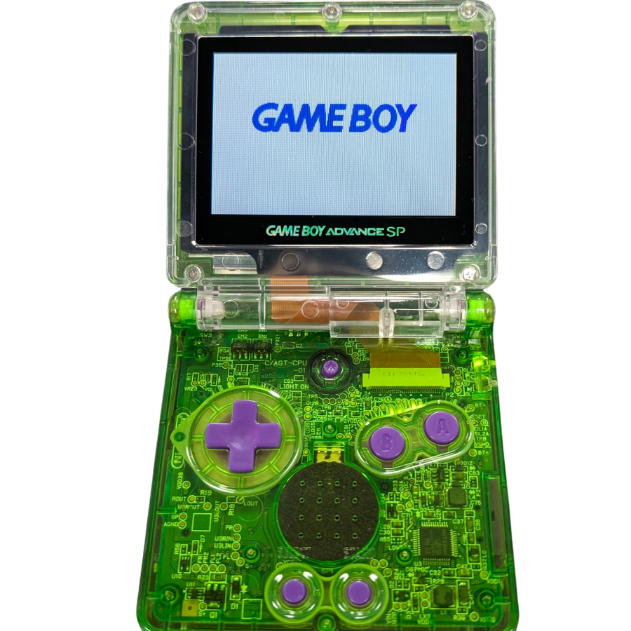 Game Boy Advance SP GBA SP handheld console custom green shell replacement clamshell design backlit screen rechargeable battery Nintendo portable retro gaming open and turned on