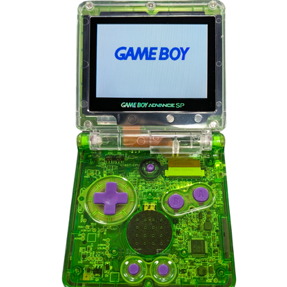 Game Boy Advance SP GBA SP handheld console custom green shell replacement clamshell design backlit screen rechargeable battery Nintendo portable retro gaming open and turned on
