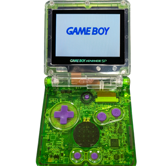 Game Boy Advance SP GBA SP handheld console custom green shell replacement clamshell design backlit screen rechargeable battery Nintendo portable retro gaming open and turned on
