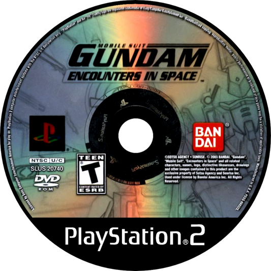 Retro Mobile Suit Gundam Encounters in Space PS2 inspired design featuring anime mech warfare aesthetic vintage PlayStation 2 space combat giant mobile suits Earth Federation versus Zeon battles cinematic sci fi action nostalgic Gundam gameplay presentation disc