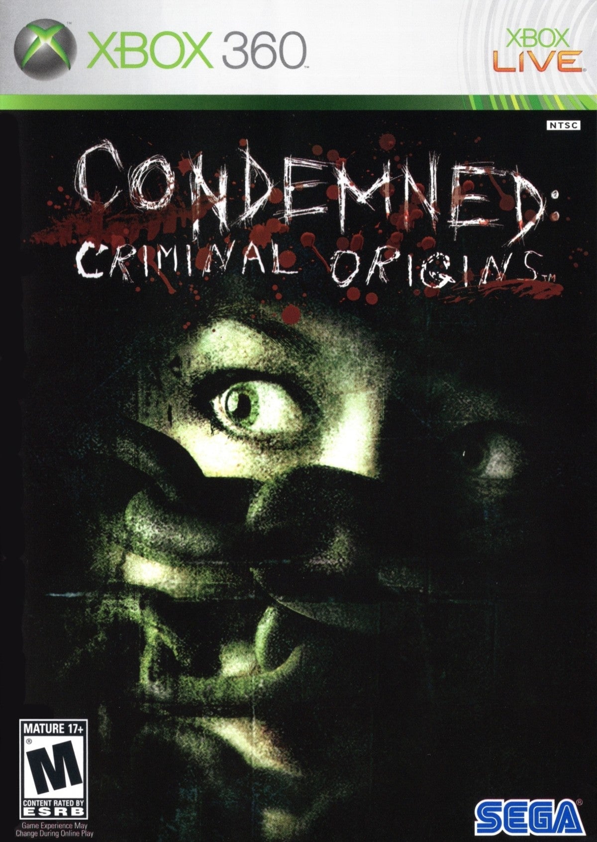 Condemned Criminal Origins for Xbox 360 first person survival horror video game featuring intense psychological terror forensic investigation brutal melee combat and dark atmospheric crime thriller experience cover art