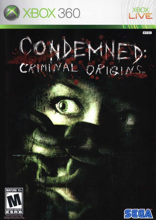 Condemned Criminal Origins for Xbox 360 first person survival horror video game featuring intense psychological terror forensic investigation brutal melee combat and dark atmospheric crime thriller experience cover art