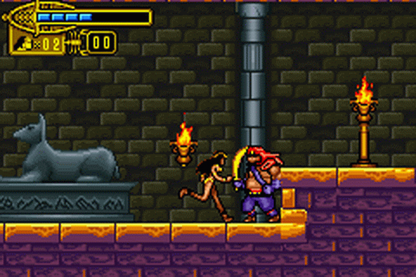 The Scorpion King Sword of Osiris Game Boy Advance GBA action adventure video game featuring Mathayus sword combat ancient Egyptian environments platforming enemies boss battles powerful attacks treasure exploration challenging levels and classic Game Boy Advance GBA gameplay collectible retro gaming appeal gameplay
