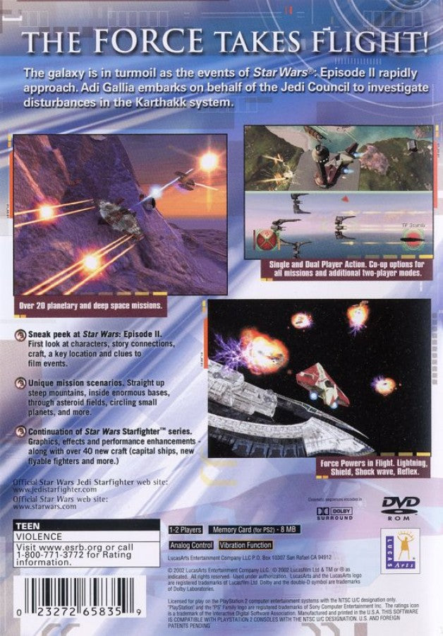 Star Wars: Jedi Starfighter – PlayStation 2 (PS2) video game back of case, space combat action.