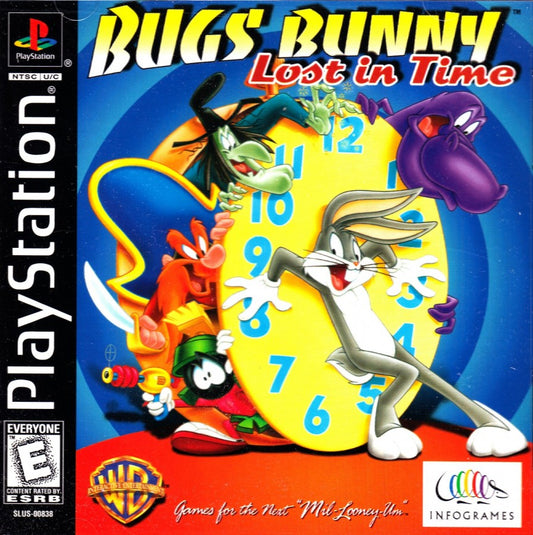 Bugs Bunny: Lost in Time game for the PlayStation featuring 3D platforming gameplay with time travel mechanics puzzle solving collectible items and cartoon themed levels as Bugs Bunny travels through different historical eras to return home front cover 