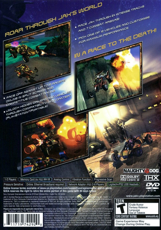 Jak X: Combat Racing PlayStation 2 PS2 video game, action racing, vehicular combat, multiplayer and story modes, platformer franchise spin-off title back cover