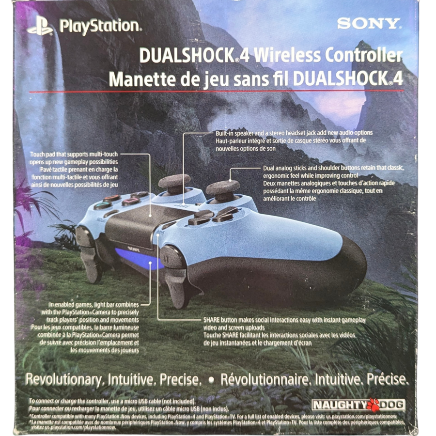PS4 DualShock 4 Uncharted 4: A Thief's End Controller [New] for PlayStation 4 Accessory (PS4) at Gamers INC, featuring the limited edition Gray Blue finish with the iconic gold Uncharted logo, offering precise control with refined analog sticks and triggers, built-in speaker, and integrated light bar in a brand-new, collectible condition perfect for fans of Nathan Drake’s final adventure back of box