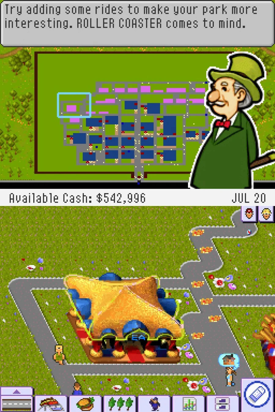 Theme Park Nintendo DS video game, simulation and management, amusement park building and strategy, handheld console title gameplay screenshot