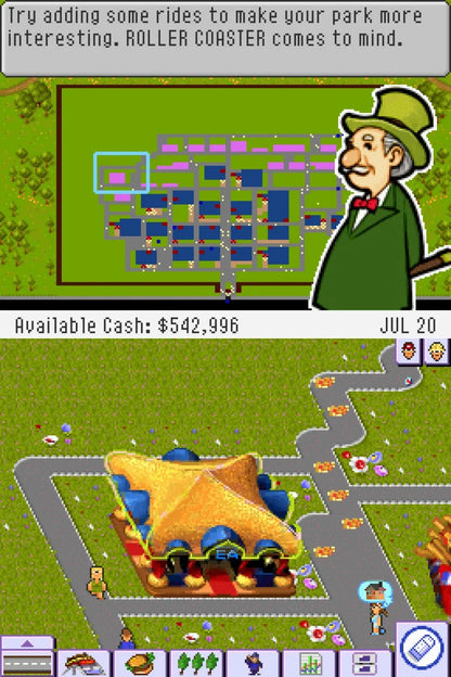 Theme Park Nintendo DS video game, simulation and management, amusement park building and strategy, handheld console title gameplay screenshot