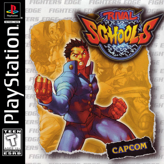 Retro Rival Schools PS1 cover art inspired design featuring classic PlayStation fighting game aesthetic vintage anime combat characters arcade style action gaming fan apparel nostalgic 90s Capcom fighter merch cover art