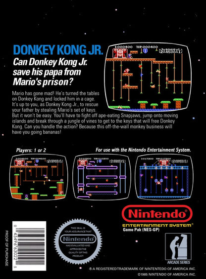 Donkey Kong Jr 5 Screw Nintendo Entertainment System NES video game featuring classic arcade platforming gameplay Donkey Kong Jr character climbing vines jumping between platforms fruit collecting key grabbing obstacles avoiding Snapjaws and enemies rescuing Donkey Kong from Mario and classic 8 bit Nintendo arcade action retro video game collection collectible gaming appeal back cover art